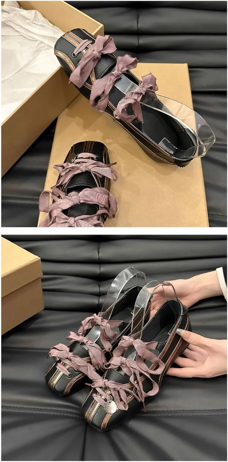 Sneakerina Preppy Ballet Sneakers for Women Girls Kawaii Y2K Retro Square Toes Non-Slip Chunky Sole Casual Leather Lace-Up Slip on Platform Sneakers Back to School Gifts for Daughter Granddaughter