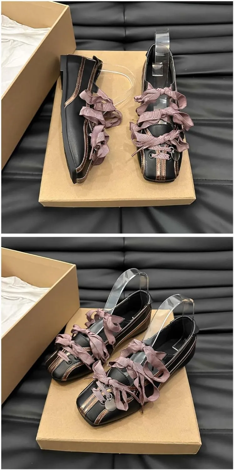 Sneakerina Preppy Ballet Sneakers for Women Girls Kawaii Y2K Retro Square Toes Non-Slip Chunky Sole Casual Leather Lace-Up Slip on Platform Sneakers Back to School Gifts for Daughter Granddaughter