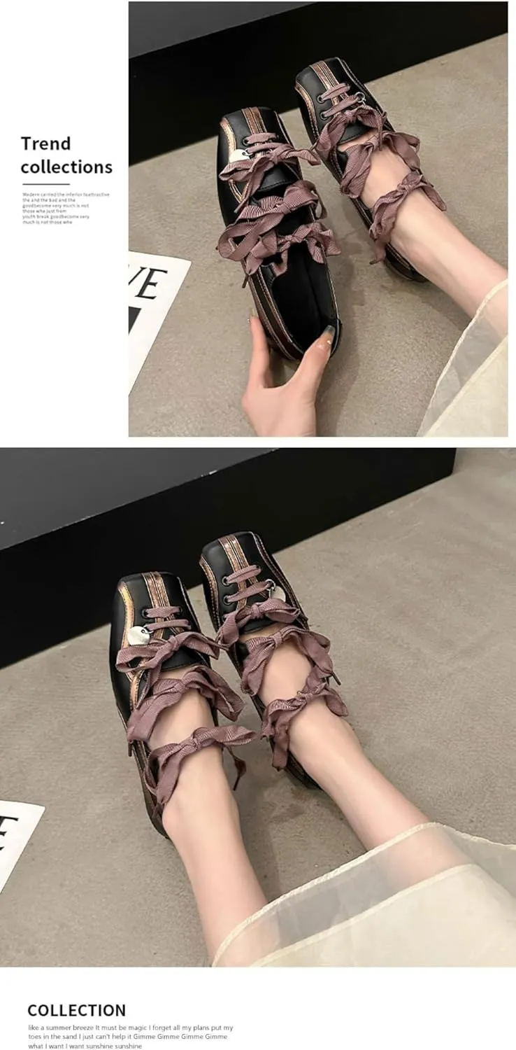 Sneakerina Preppy Ballet Sneakers for Women Girls Kawaii Y2K Retro Square Toes Non-Slip Chunky Sole Casual Leather Lace-Up Slip on Platform Sneakers Back to School Gifts for Daughter Granddaughter