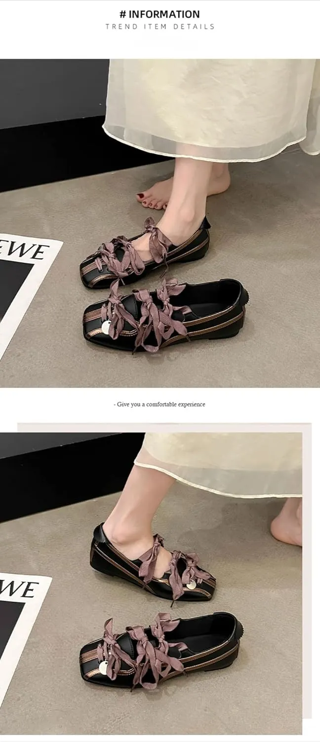 Sneakerina Preppy Ballet Sneakers for Women Girls Kawaii Y2K Retro Square Toes Non-Slip Chunky Sole Casual Leather Lace-Up Slip on Platform Sneakers Back to School Gifts for Daughter Granddaughter