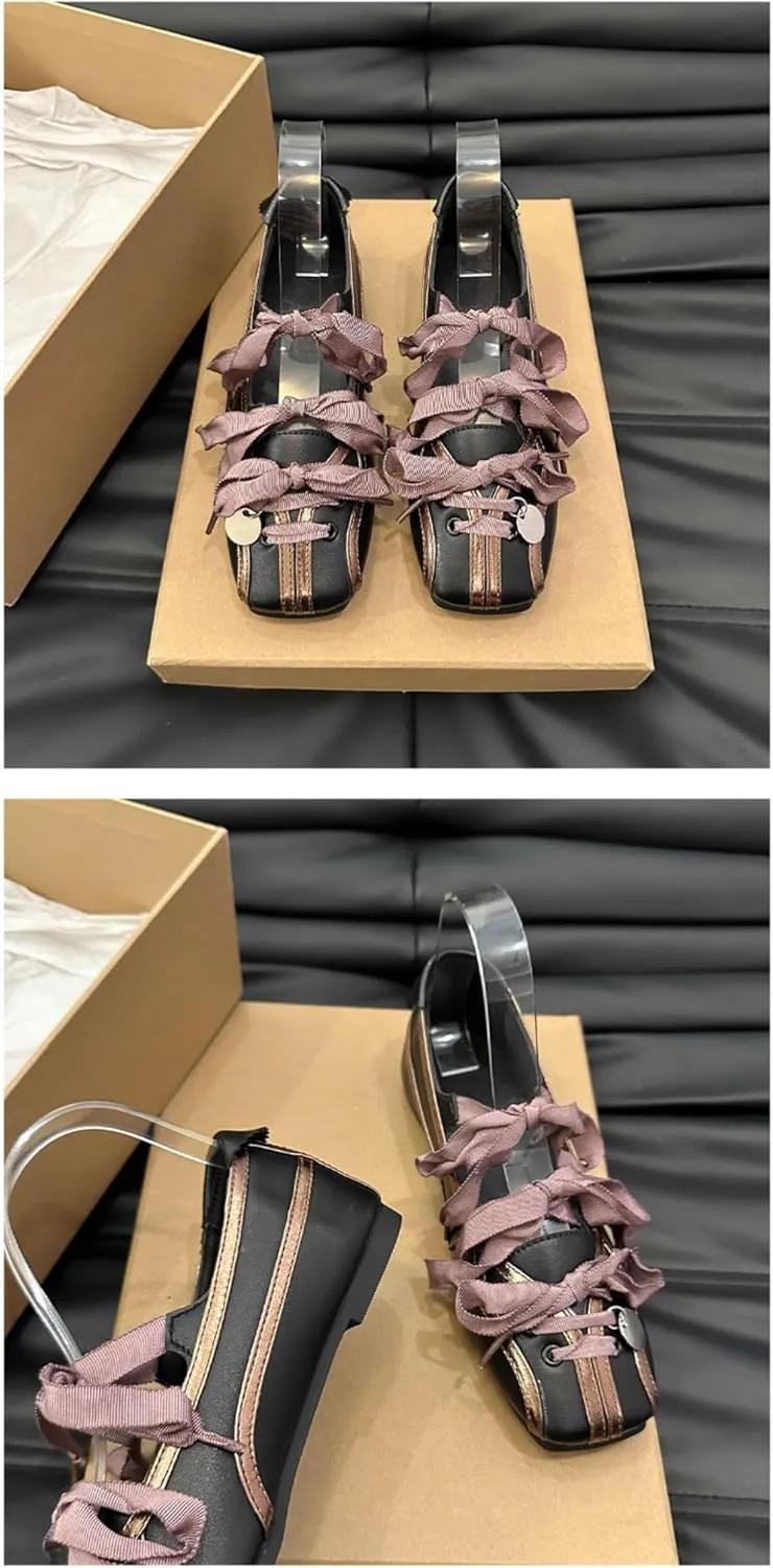 Sneakerina Preppy Ballet Sneakers for Women Girls Kawaii Y2K Retro Square Toes Non-Slip Chunky Sole Casual Leather Lace-Up Slip on Platform Sneakers Back to School Gifts for Daughter Granddaughter
