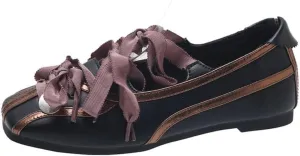 Sneakerina Preppy Ballet Sneakers for Women Girls Kawaii Y2K Retro Square Toes Non-Slip Chunky Sole Casual Leather Lace-Up Slip on Platform Sneakers Back to School Gifts for Daughter Granddaughter
