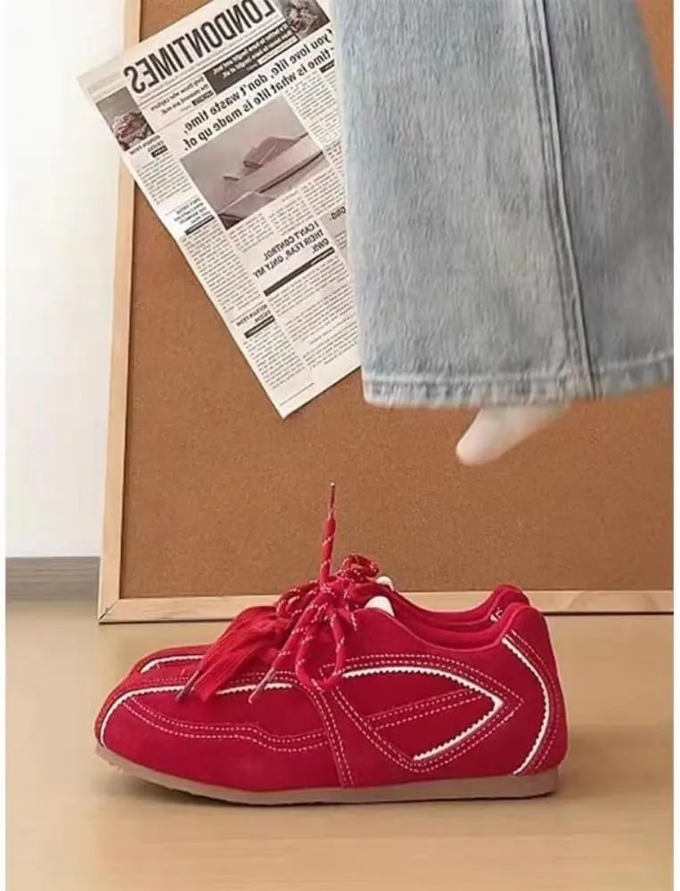 Sneakerina Round Toes Ballet Sneakers Women Girls Cute Y2K Retro Lace-up Breathable Dress Shoes Non-Slip Chunky Sole Leather Platform Sneakers Preppy Back to School Gifts Daughter Granddaughter