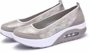 Sneakers for Women Walking Shoes Arch Support Memory Foam Moccasin Slippers Comfortable Platform Wedge Loafers & Slip-ons (Color : Silver 2, Size : 4 US)