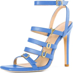Soireelady Womens High Heel Sandals, Ankle Strap Open Toe Heels, Square Toe Stiletto Strappy Heeled Sandals 4 Inch Prom Party