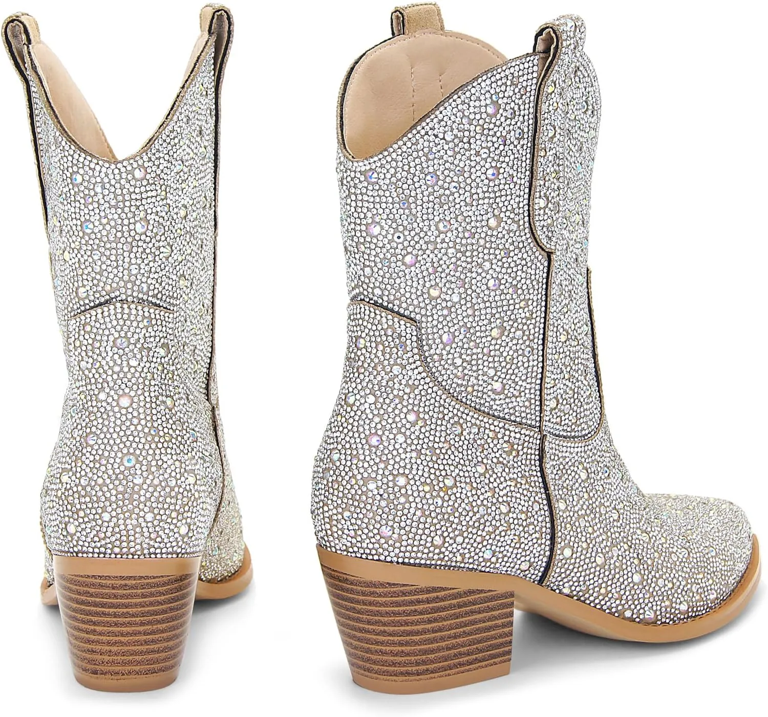 STALOV Short Cowgirl Boots for Women Embroidered Cowboy Ankle Boots,Pointed Toe Low Chunky Heel Pull On Western Stitched Boots
