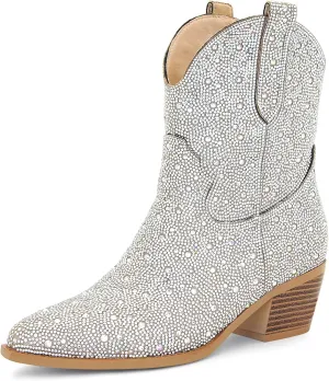 STALOV Short Cowgirl Boots for Women Embroidered Cowboy Ankle Boots,Pointed Toe Low Chunky Heel Pull On Western Stitched Boots