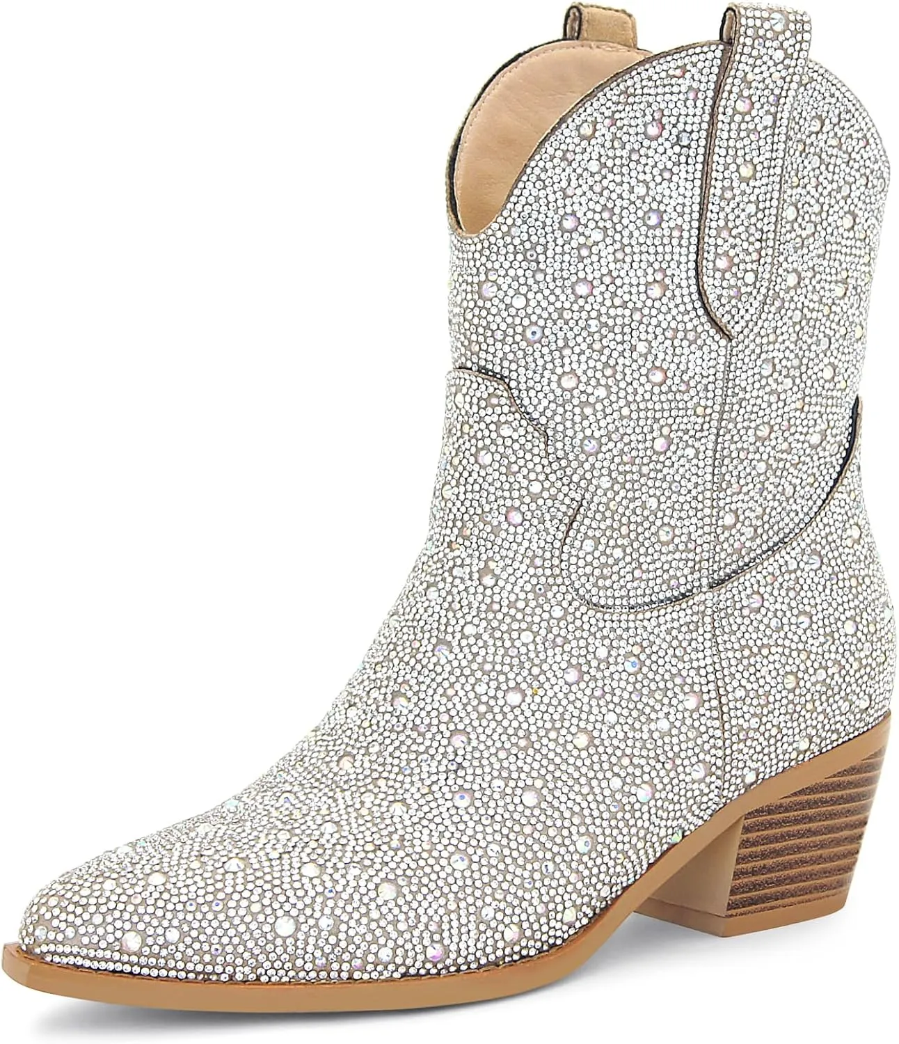 STALOV Short Cowgirl Boots for Women Embroidered Cowboy Ankle Boots,Pointed Toe Low Chunky Heel Pull On Western Stitched Boots