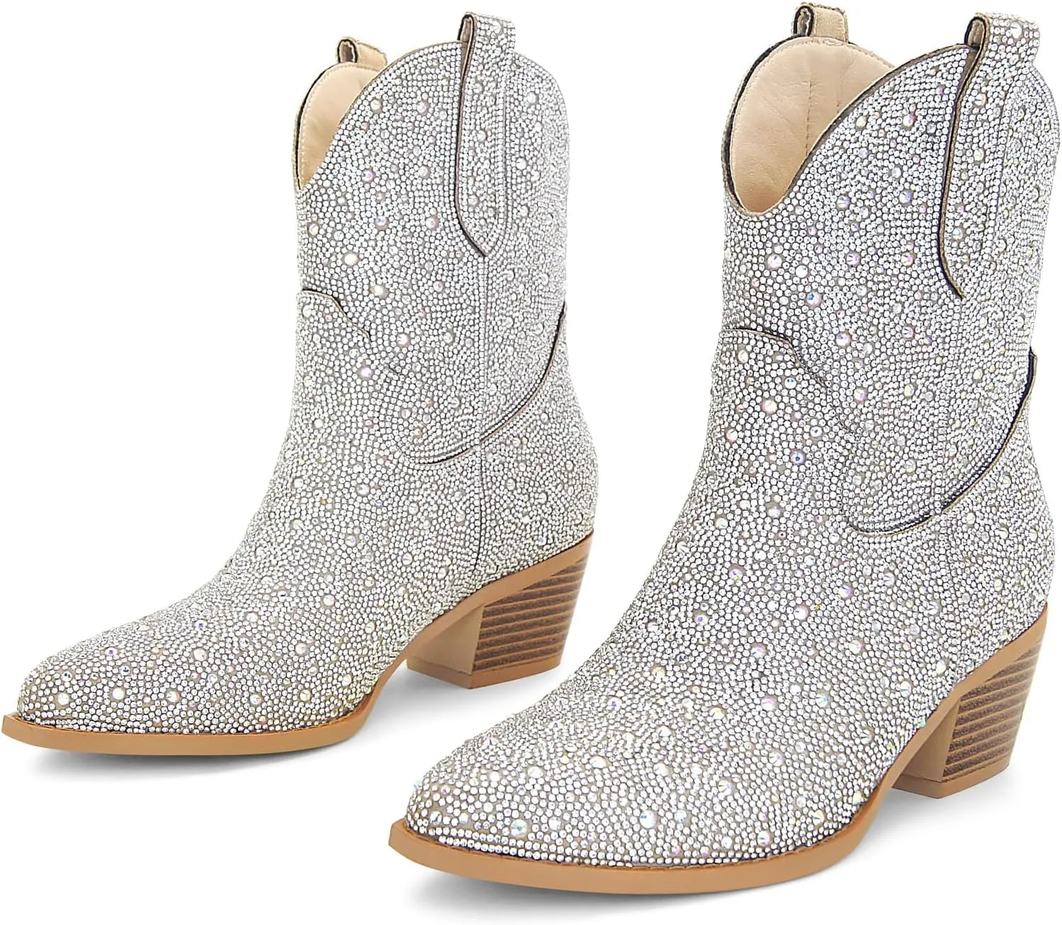 STALOV Short Cowgirl Boots for Women Embroidered Cowboy Ankle Boots,Pointed Toe Low Chunky Heel Pull On Western Stitched Boots