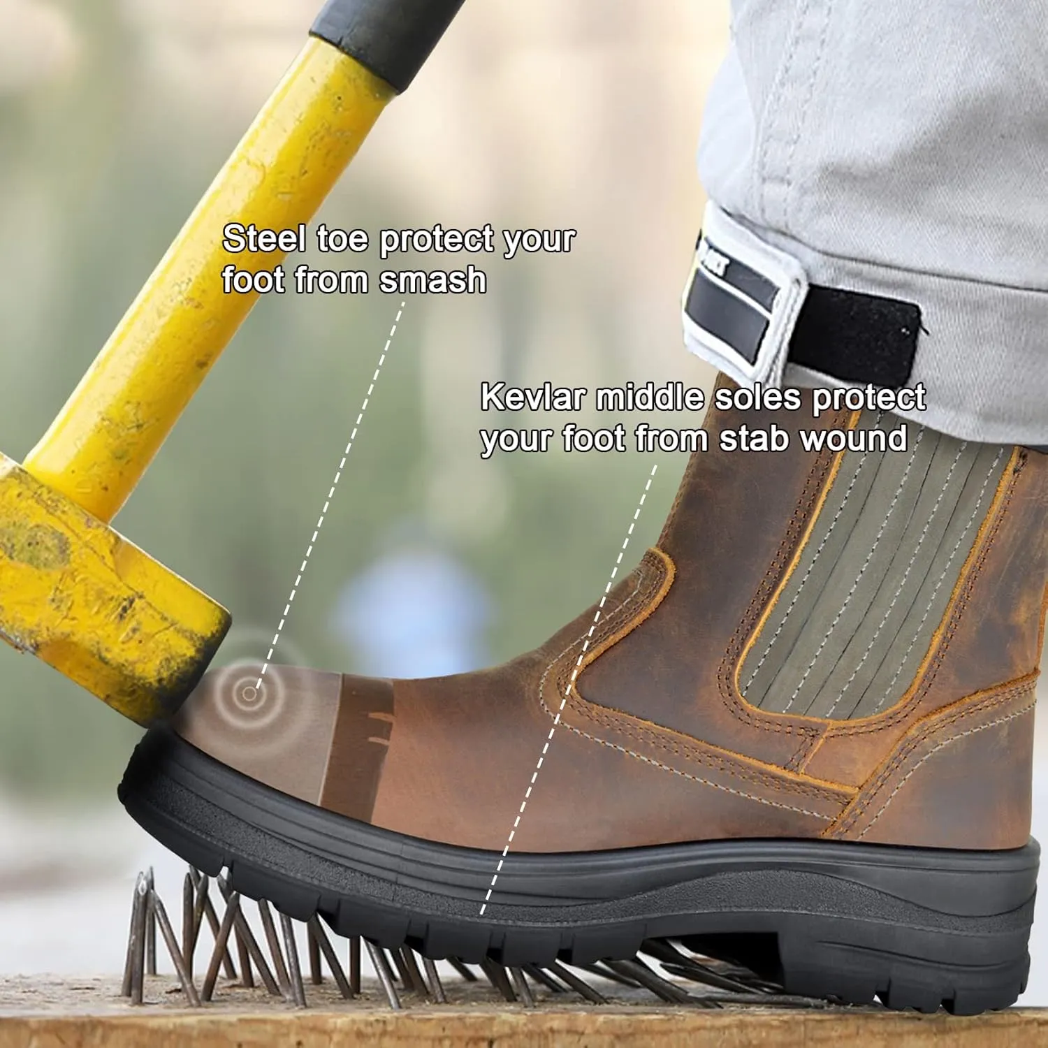 Steel Toe Boots for Men, Full Grain Leather Work Boots for Men, Non-Slip Electrical Insulation Impact Resistance, Breathable & Comfortable Slip on Mens Work Boots