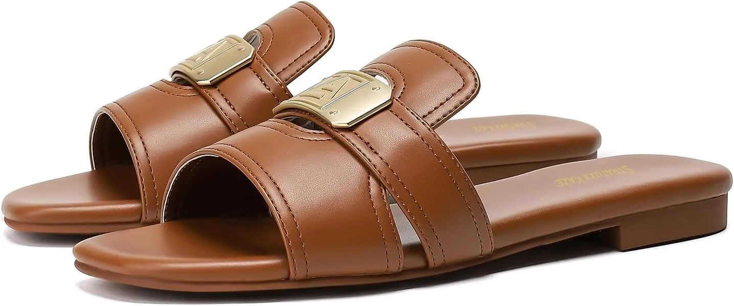 Stratuxx Kaze Women's Dressy Sandals Slip on Flat Summer Shoes Open Toe Slide Sandals for Women Size 5-11