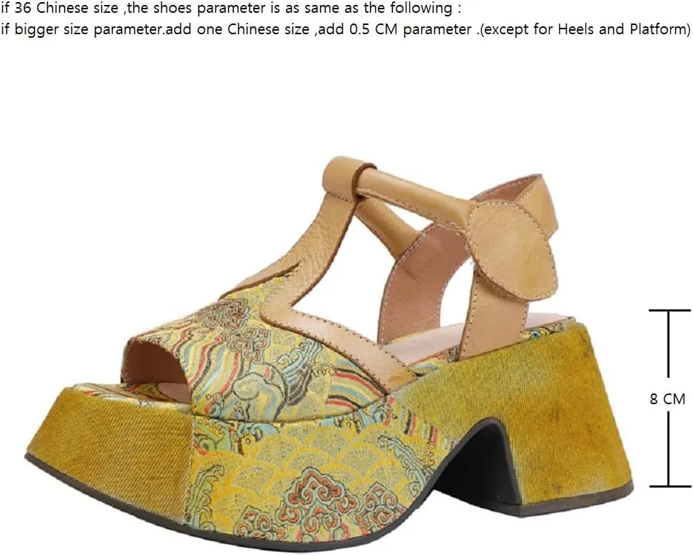 Summer New Retro National Style Slim Chunky Sole Platform Narrow Band Printing Flowers Genuine Leather Women Gladiator Sandals 50303
