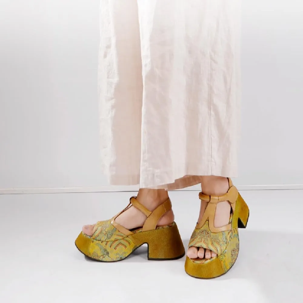 Summer New Retro National Style Slim Chunky Sole Platform Narrow Band Printing Flowers Genuine Leather Women Gladiator Sandals 50303