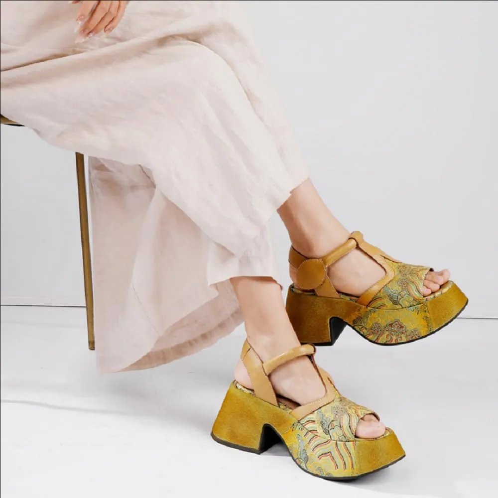 Summer New Retro National Style Slim Chunky Sole Platform Narrow Band Printing Flowers Genuine Leather Women Gladiator Sandals 50303