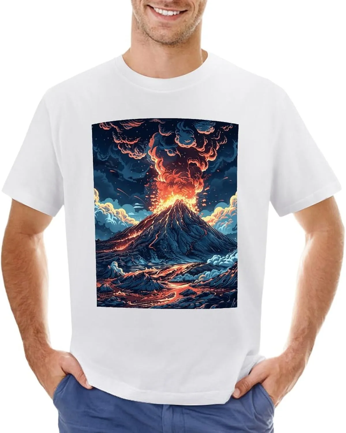 T Shirts Depicts A Volcano Short Sleeve for Men Crewneck Tees Trendy Lightweight Casual Summer Tees White
