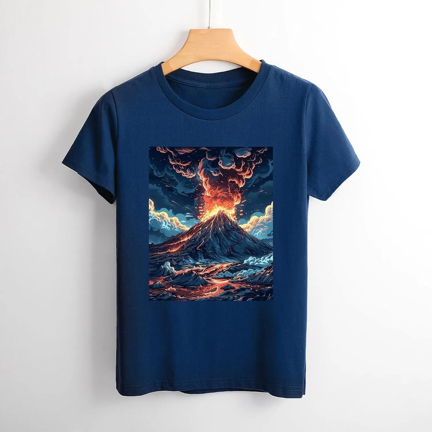 T Shirts Depicts A Volcano Short Sleeve for Women Crewneck Tees Trendy Lightweight Casual Summer Tees Navy