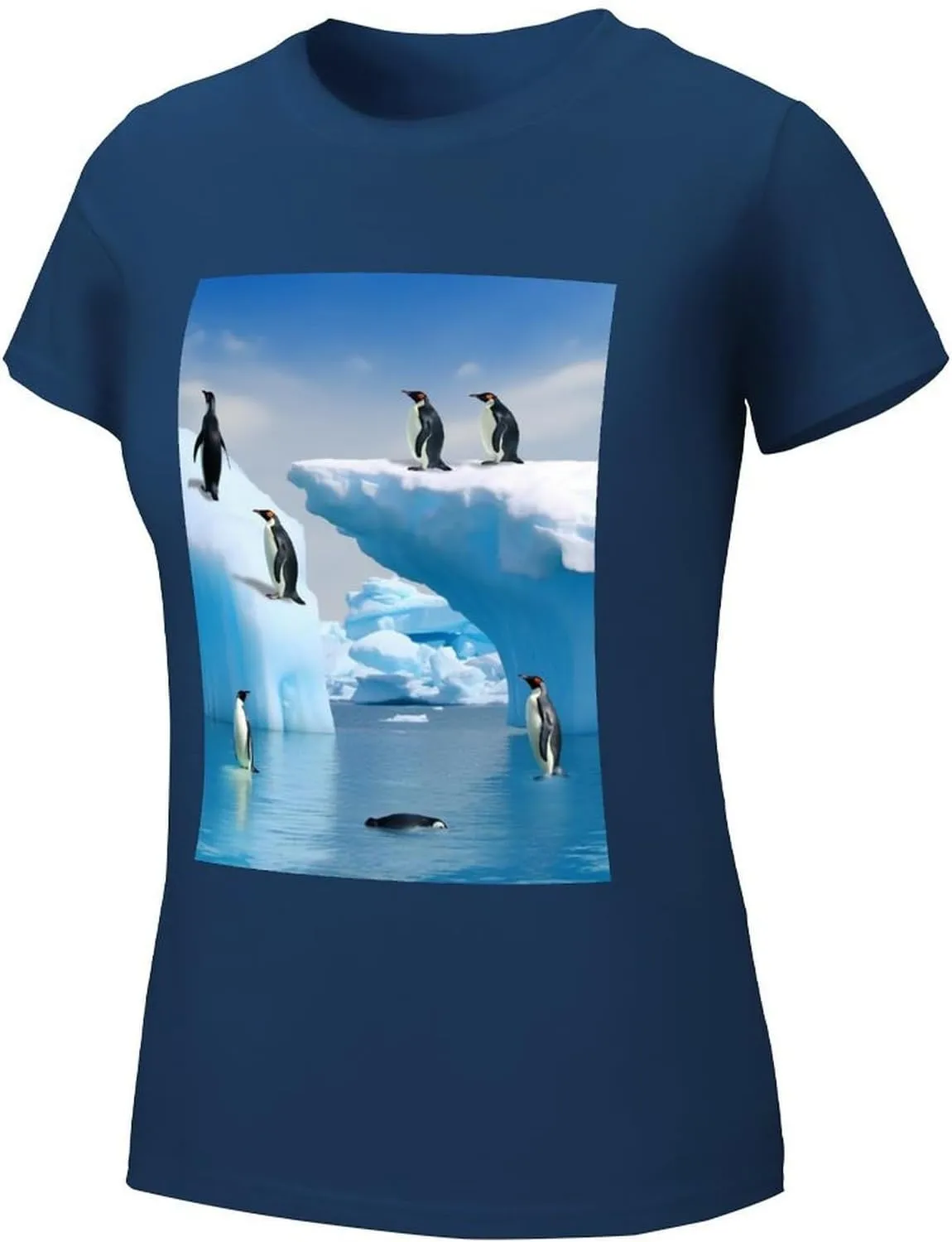 T Shirts Penguins On The Iceberg Short Sleeve for Women Crewneck Tees Trendy Lightweight Casual Summer Tees Navy