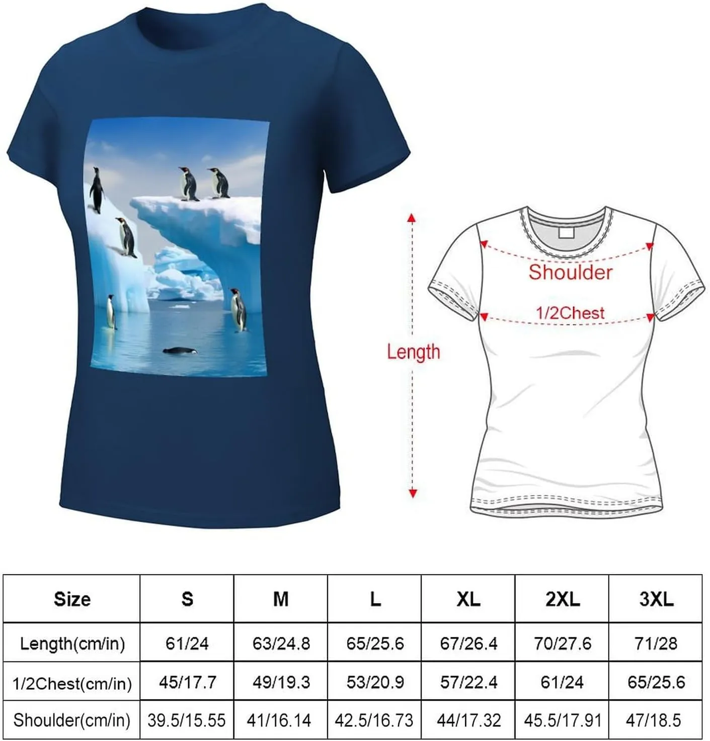 T Shirts Penguins On The Iceberg Short Sleeve for Women Crewneck Tees Trendy Lightweight Casual Summer Tees Navy