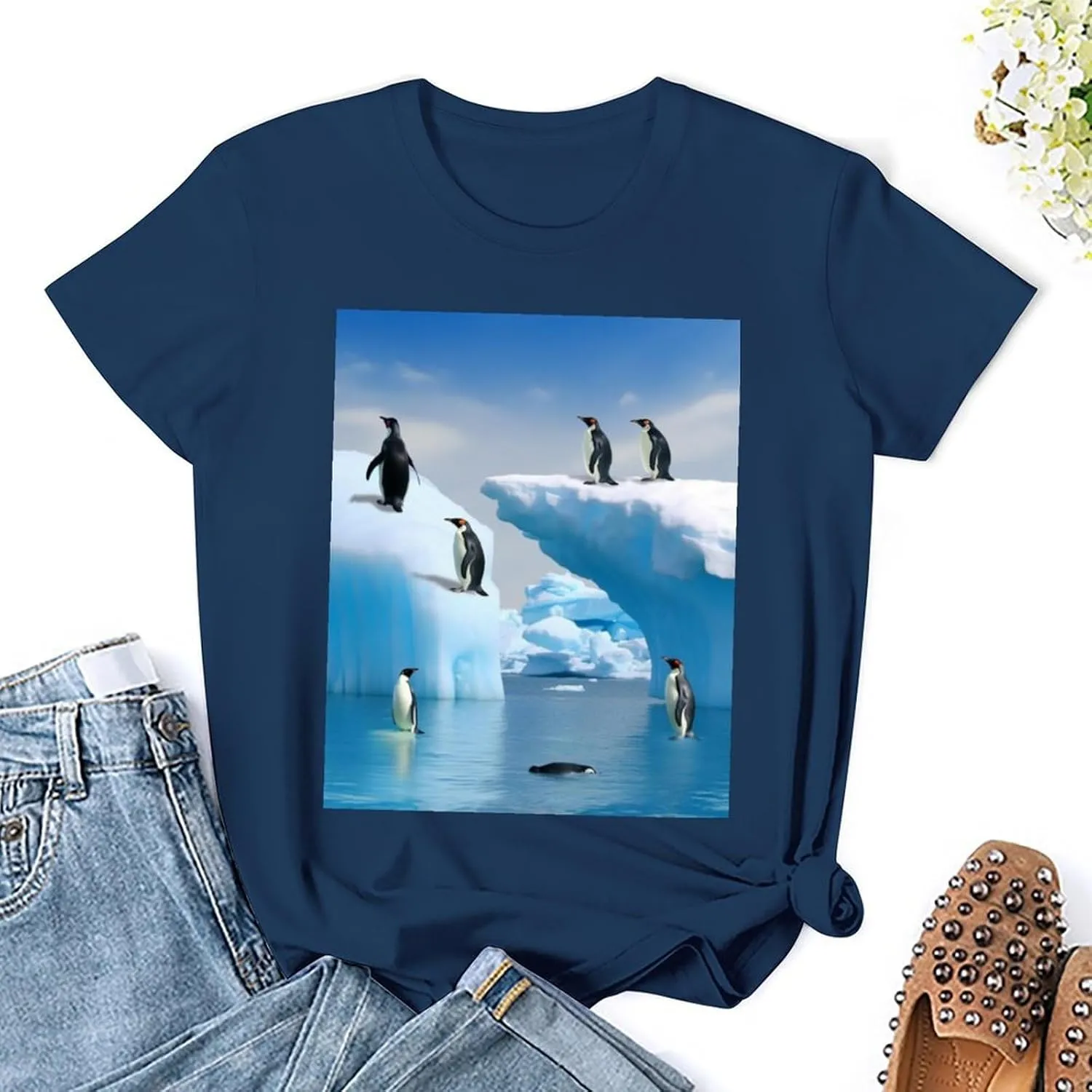 T Shirts Penguins On The Iceberg Short Sleeve for Women Crewneck Tees Trendy Lightweight Casual Summer Tees Navy