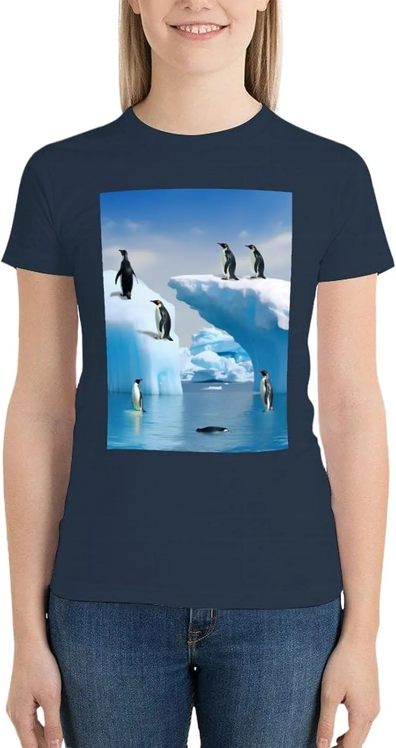 T Shirts Penguins On The Iceberg Short Sleeve for Women Crewneck Tees Trendy Lightweight Casual Summer Tees Navy