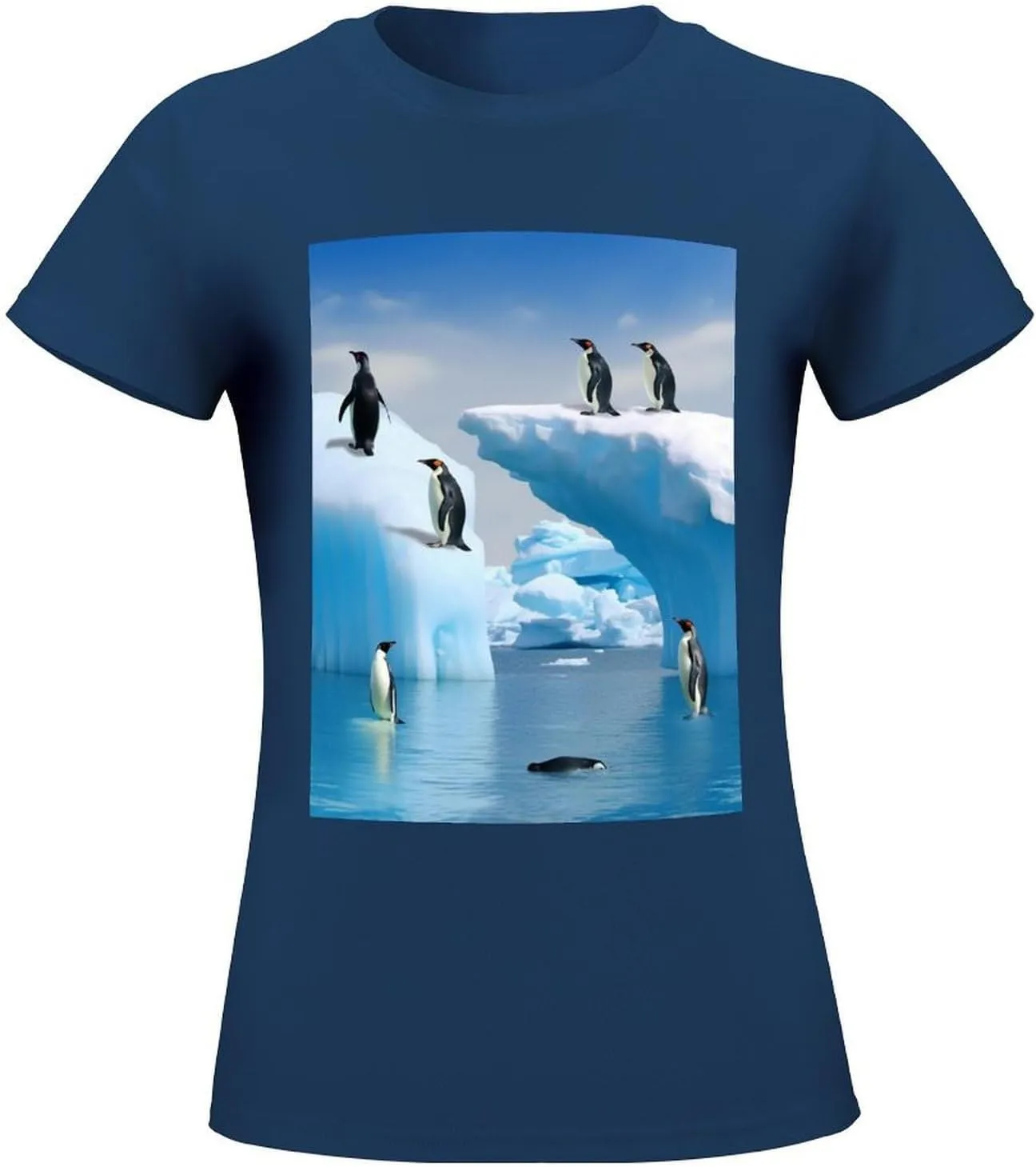 T Shirts Penguins On The Iceberg Short Sleeve for Women Crewneck Tees Trendy Lightweight Casual Summer Tees Navy