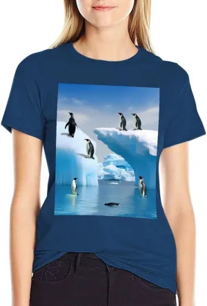 T Shirts Penguins On The Iceberg Short Sleeve for Women Crewneck Tees Trendy Lightweight Casual Summer Tees Navy