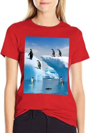 T Shirts Penguins On The Iceberg Short Sleeve for Women Crewneck Tees Trendy Lightweight Casual Summer Tees Red