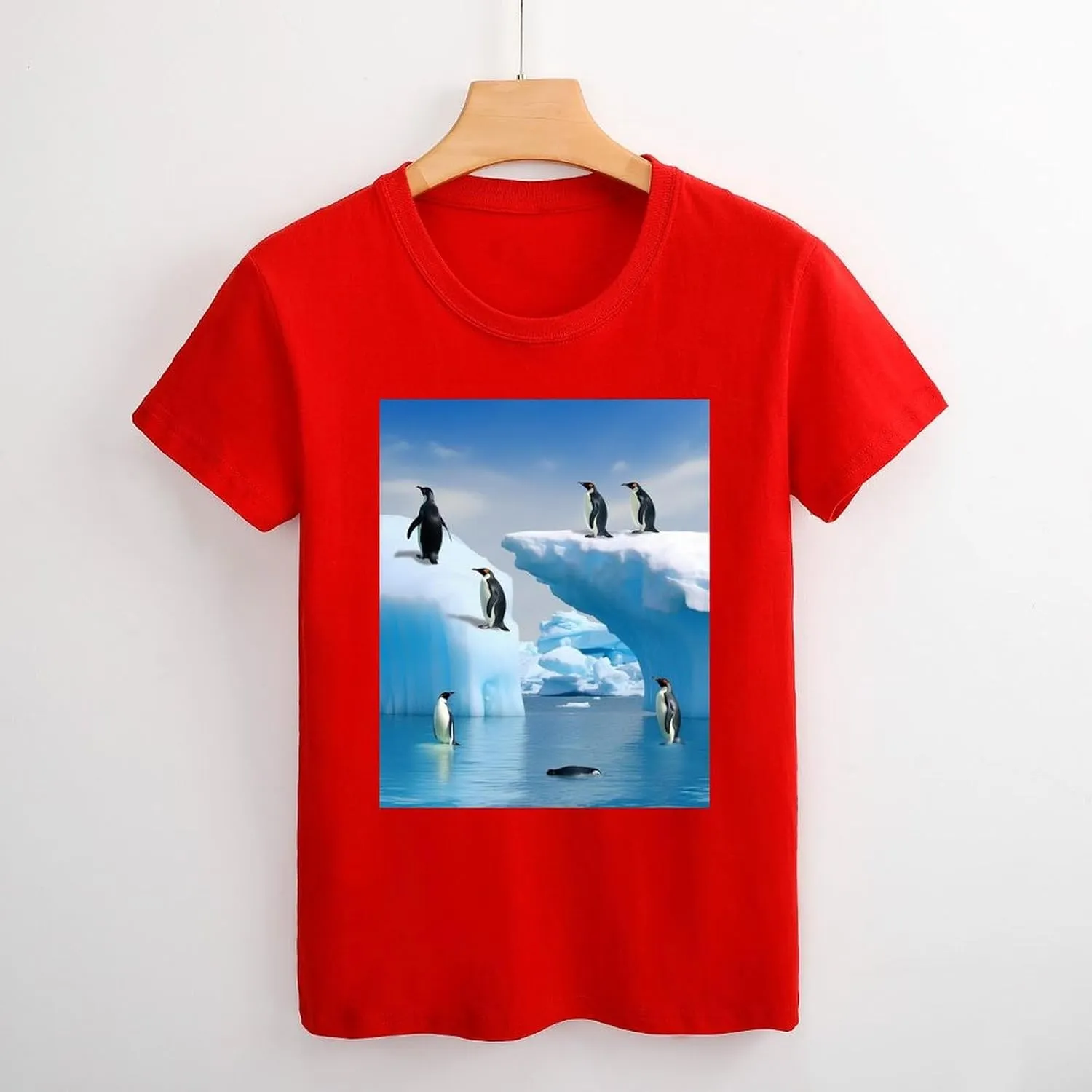T Shirts Penguins On The Iceberg Short Sleeve for Women Crewneck Tees Trendy Lightweight Casual Summer Tees Red