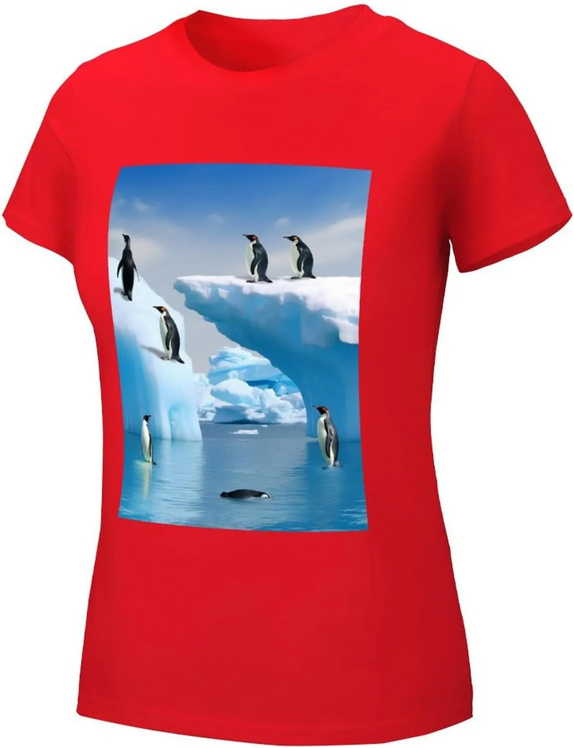 T Shirts Penguins On The Iceberg Short Sleeve for Women Crewneck Tees Trendy Lightweight Casual Summer Tees Red