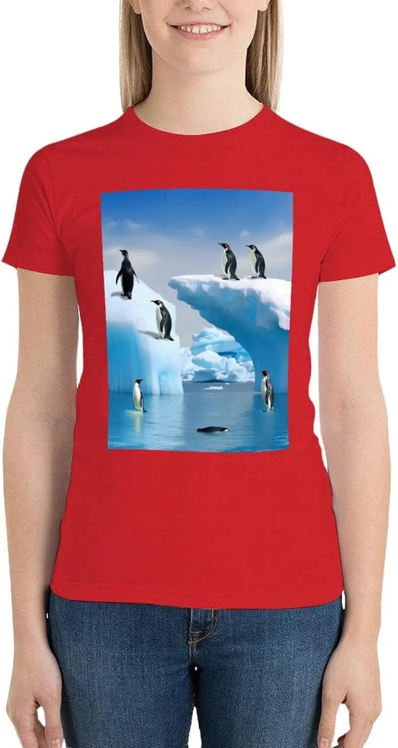 T Shirts Penguins On The Iceberg Short Sleeve for Women Crewneck Tees Trendy Lightweight Casual Summer Tees Red