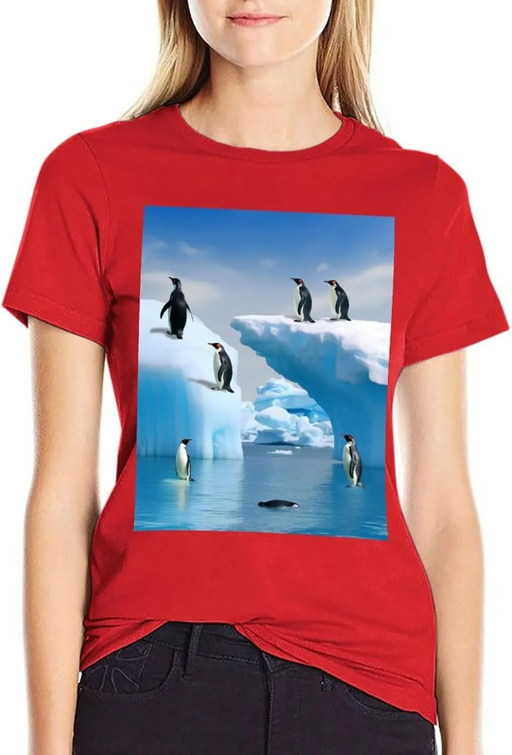 T Shirts Penguins On The Iceberg Short Sleeve for Women Crewneck Tees Trendy Lightweight Casual Summer Tees Red