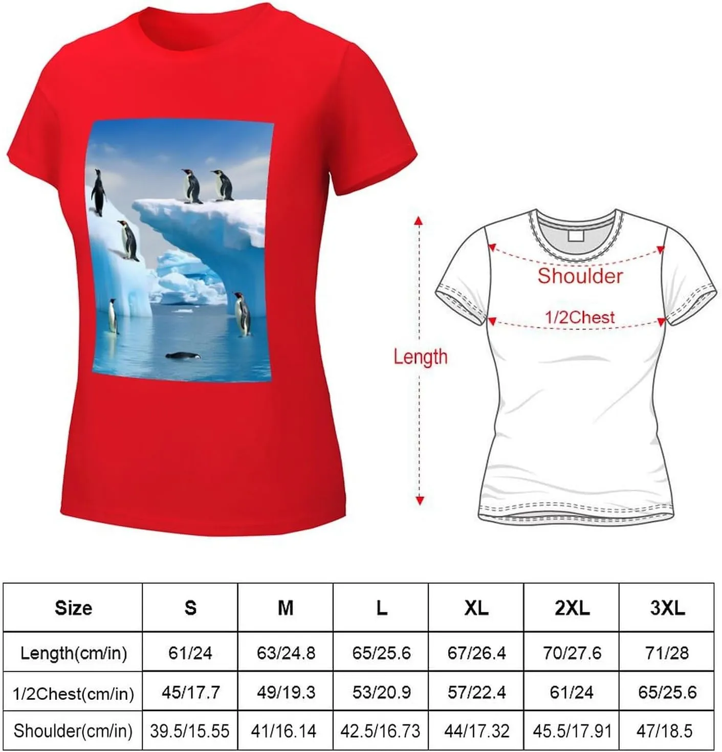 T Shirts Penguins On The Iceberg Short Sleeve for Women Crewneck Tees Trendy Lightweight Casual Summer Tees Red