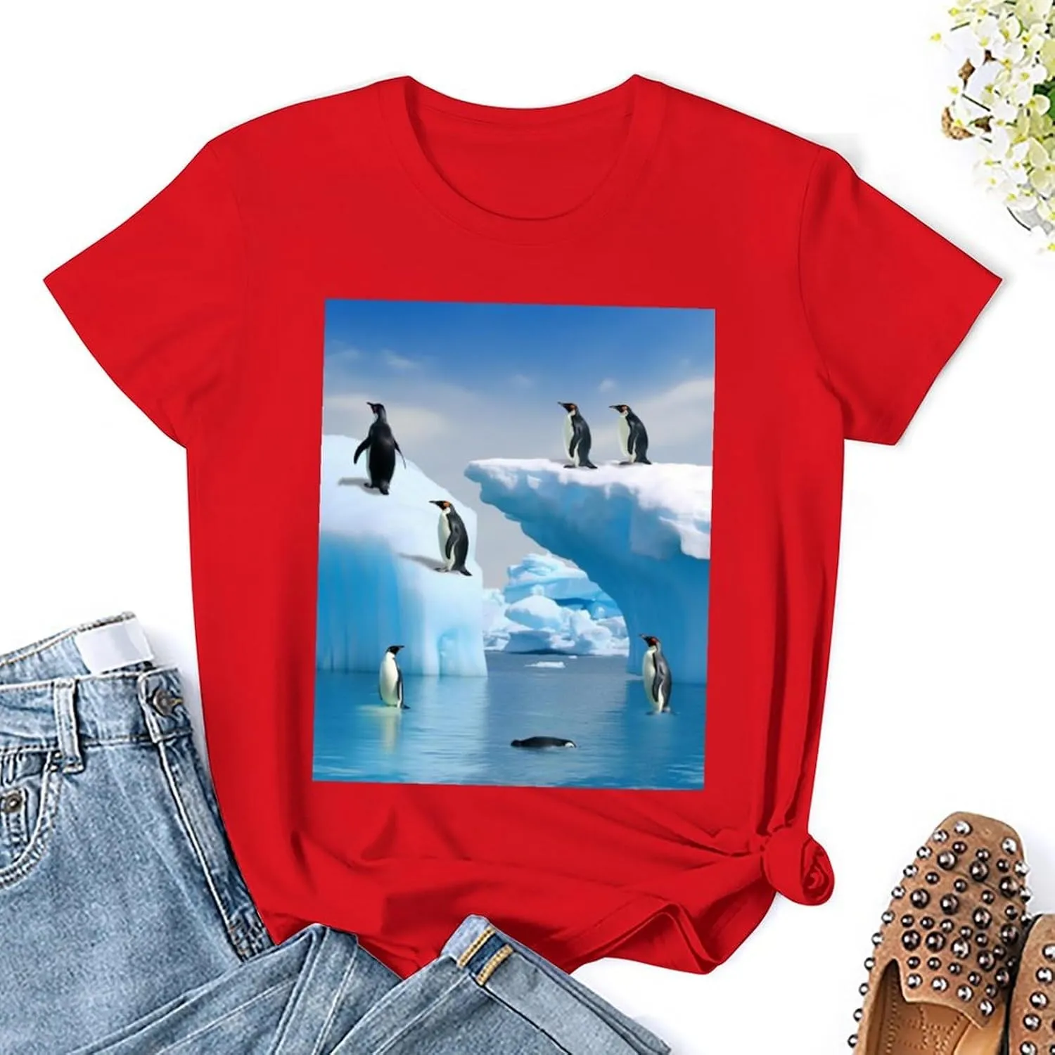 T Shirts Penguins On The Iceberg Short Sleeve for Women Crewneck Tees Trendy Lightweight Casual Summer Tees Red