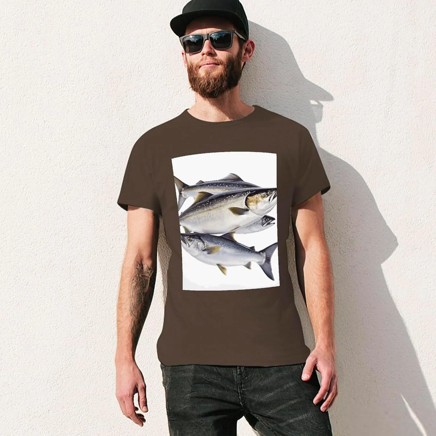 T Shirts Salmon Fish Short Sleeve for Men Crewneck Tees Trendy Casual Summer Tees Dark Coffee