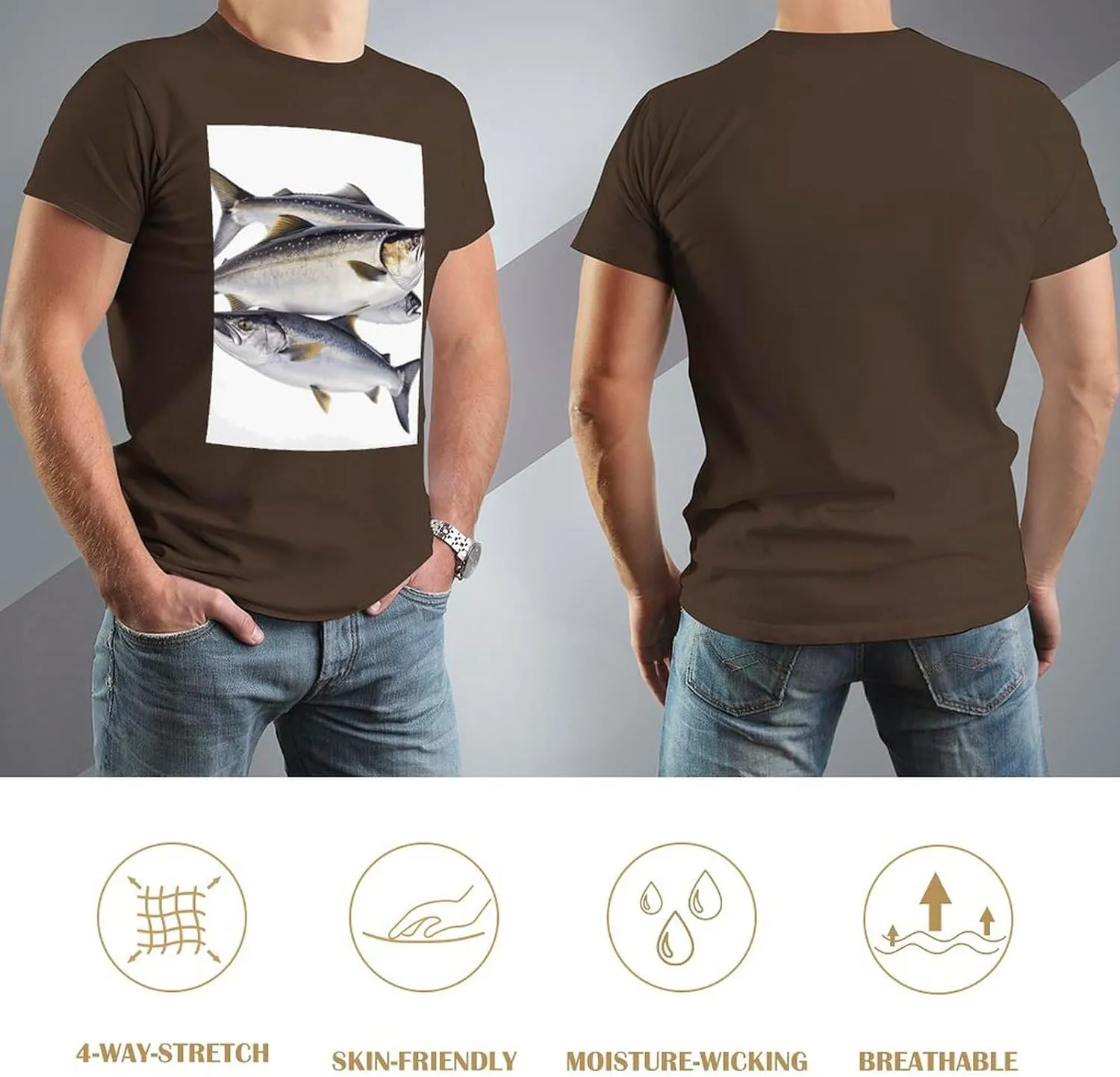 T Shirts Salmon Fish Short Sleeve for Men Crewneck Tees Trendy Casual Summer Tees Dark Coffee