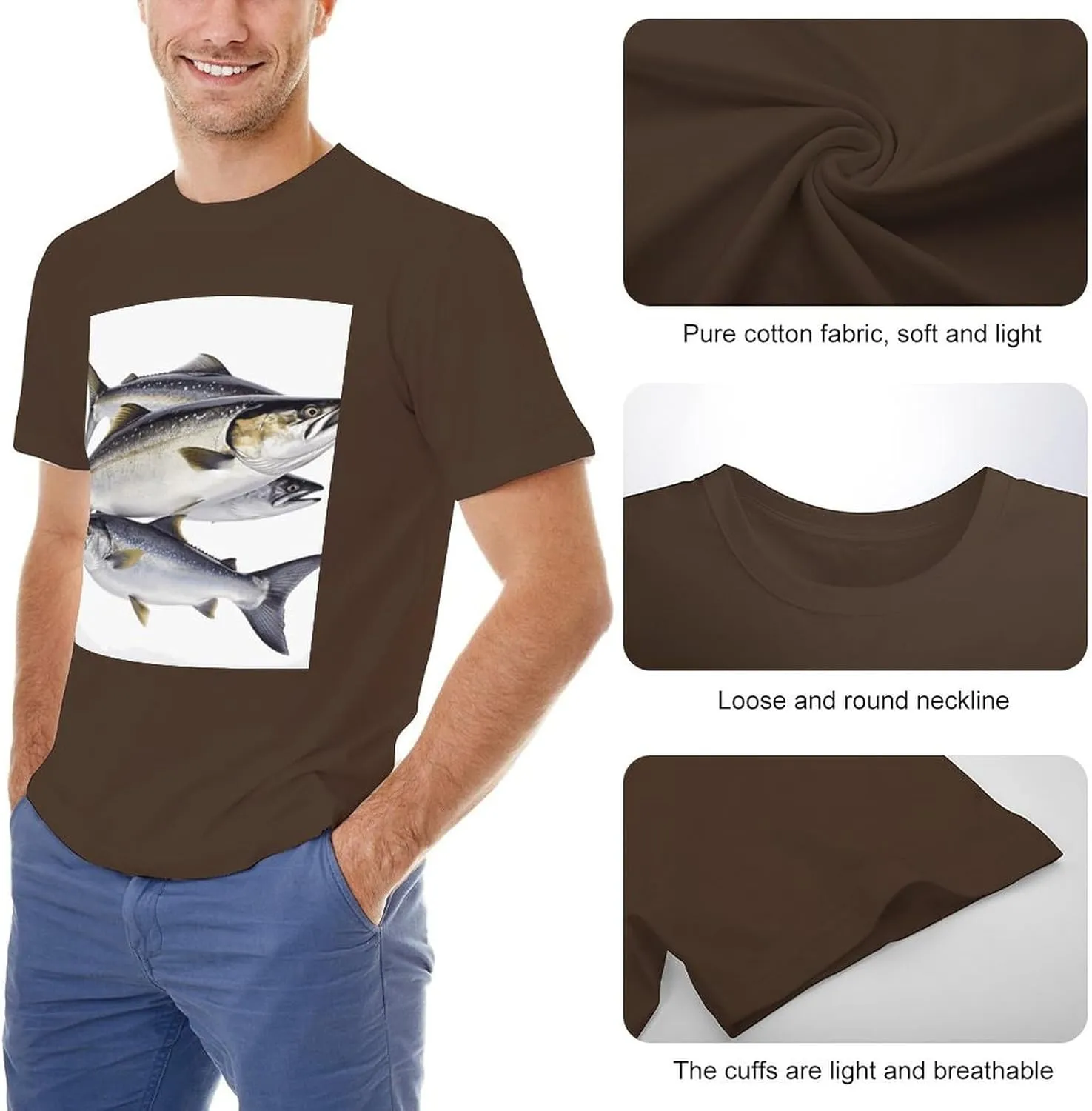 T Shirts Salmon Fish Short Sleeve for Men Crewneck Tees Trendy Casual Summer Tees Dark Coffee