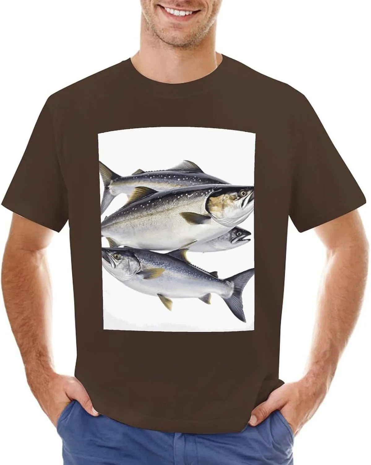 T Shirts Salmon Fish Short Sleeve for Men Crewneck Tees Trendy Casual Summer Tees Dark Coffee