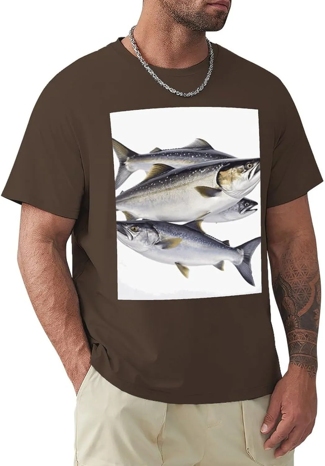 T Shirts Salmon Fish Short Sleeve for Men Crewneck Tees Trendy Casual Summer Tees Dark Coffee