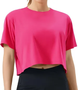THE GYM PEOPLE Women's Workout Crop Top T-Shirt Short Sleeve Boxy Yoga Running Cropped Basic Tee