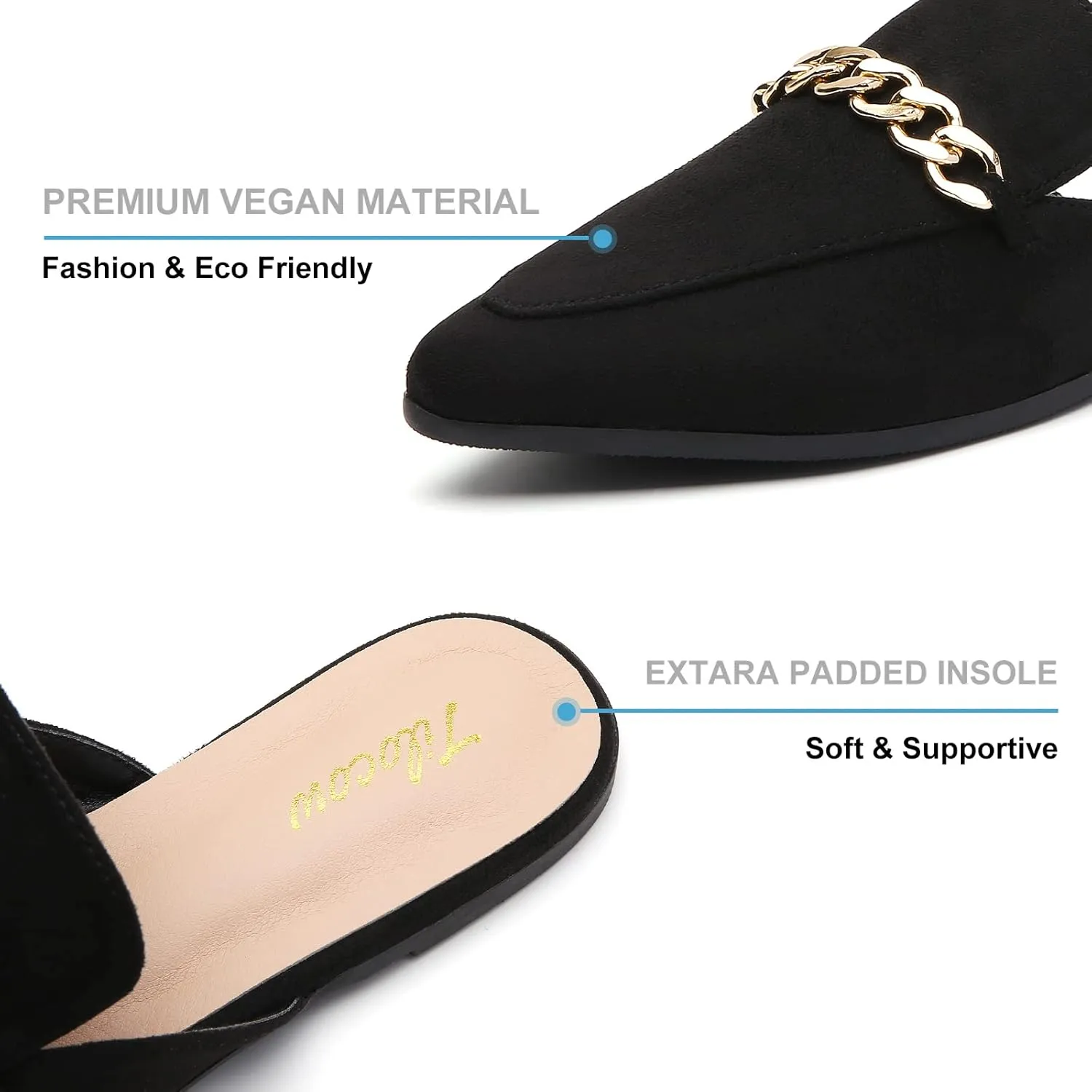 Tilocow Chain Mules for Women Round Toe Backless Flat Mules Comfortable Slides Mules Shoes Ladies Slip-on Loafers