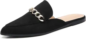 Tilocow Chain Mules for Women Round Toe Backless Flat Mules Comfortable Slides Mules Shoes Ladies Slip-on Loafers