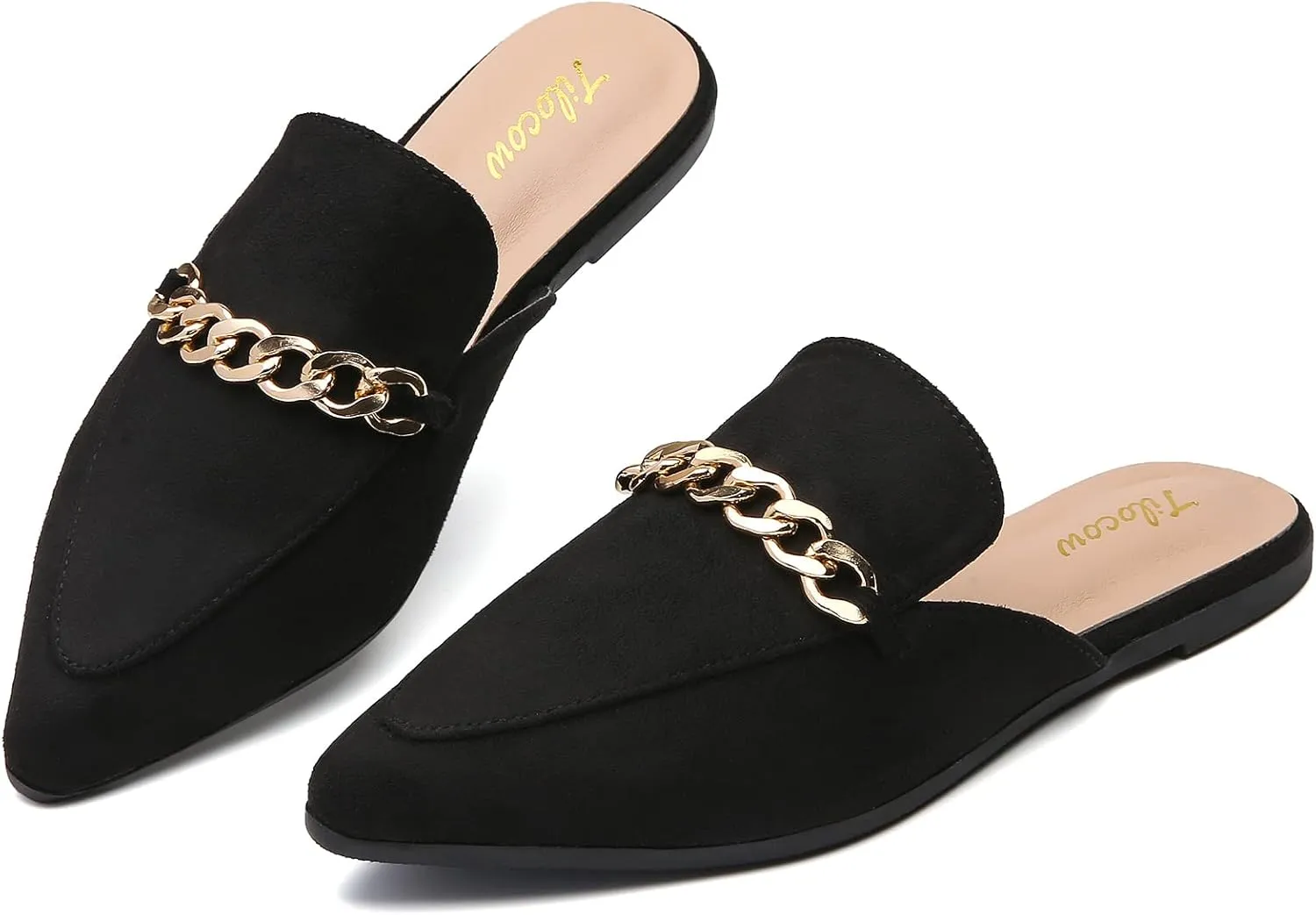 Tilocow Chain Mules for Women Round Toe Backless Flat Mules Comfortable Slides Mules Shoes Ladies Slip-on Loafers