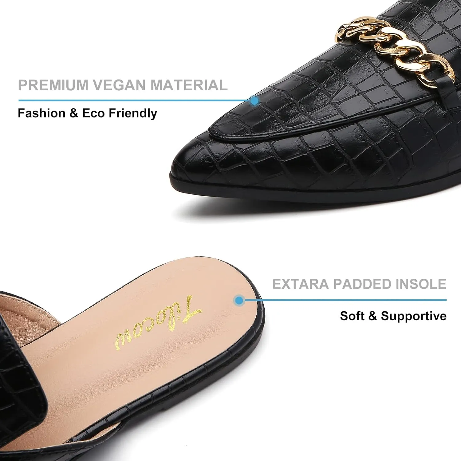 Tilocow Chain Mules for Women Round Toe Backless Flat Mules Comfortable Slides Mules Shoes Ladies Slip-on Loafers