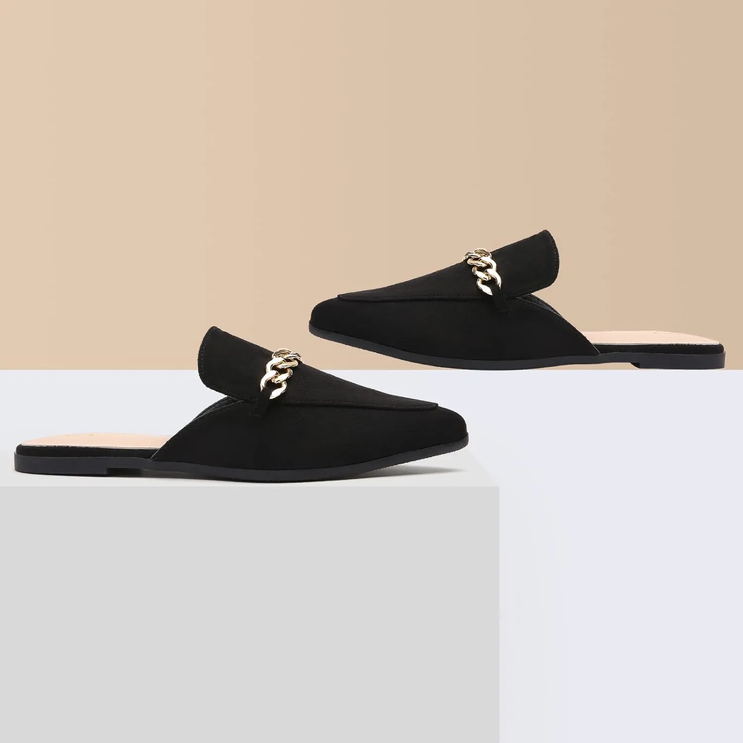 Tilocow Chain Mules for Women Round Toe Backless Flat Mules Comfortable Slides Mules Shoes Ladies Slip-on Loafers