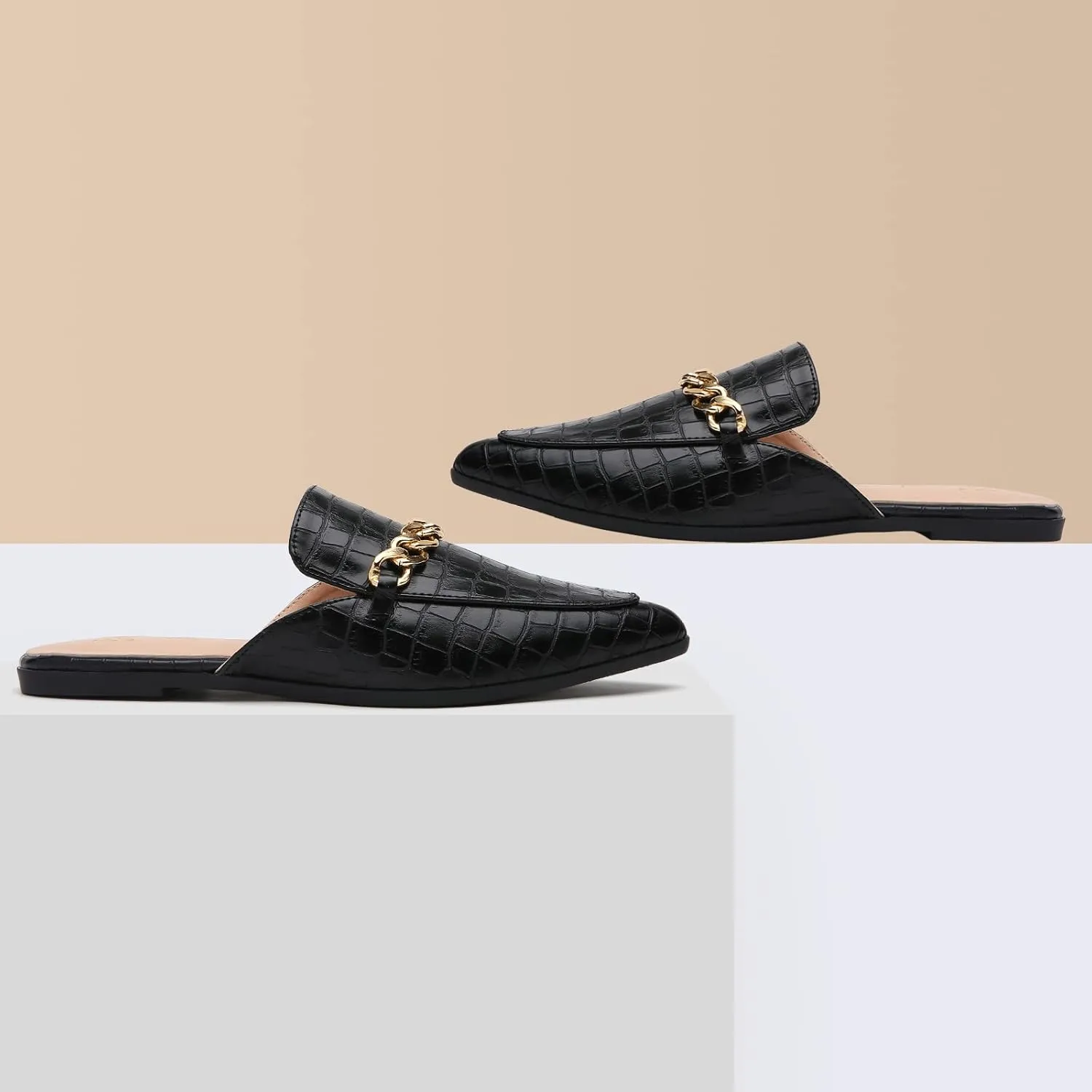Tilocow Chain Mules for Women Round Toe Backless Flat Mules Comfortable Slides Mules Shoes Ladies Slip-on Loafers