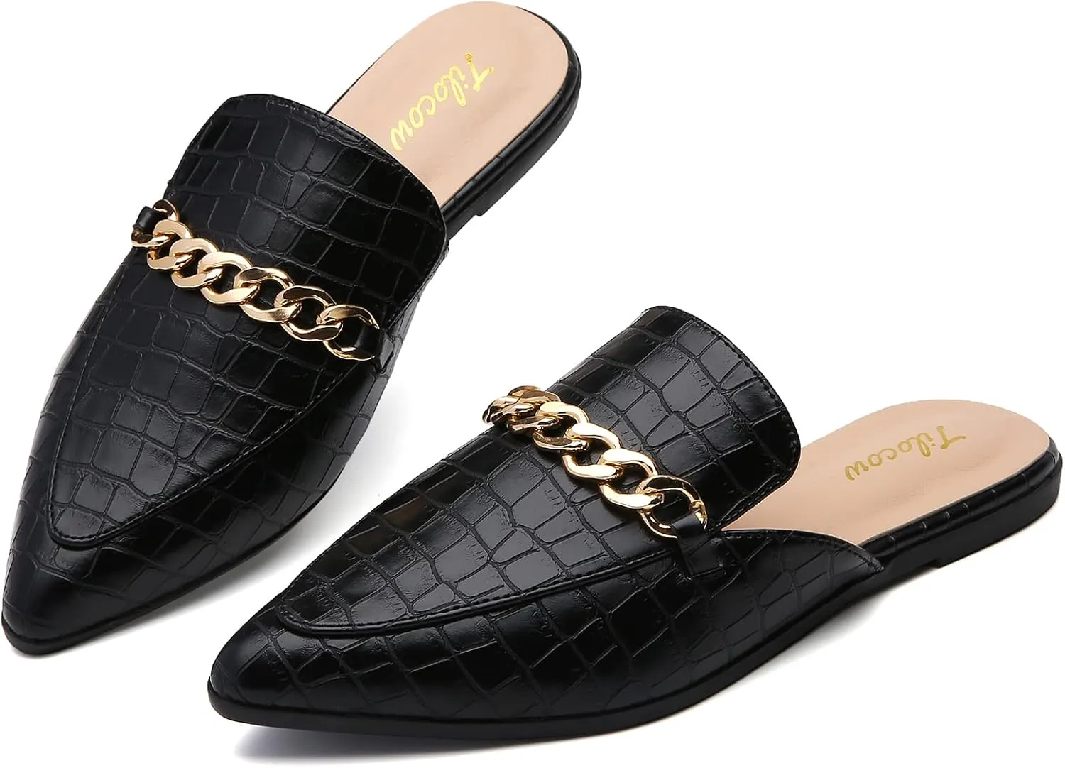 Tilocow Chain Mules for Women Round Toe Backless Flat Mules Comfortable Slides Mules Shoes Ladies Slip-on Loafers