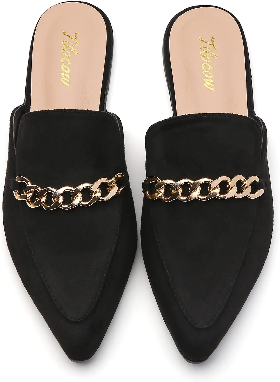 Tilocow Chain Mules for Women Round Toe Backless Flat Mules Comfortable Slides Mules Shoes Ladies Slip-on Loafers