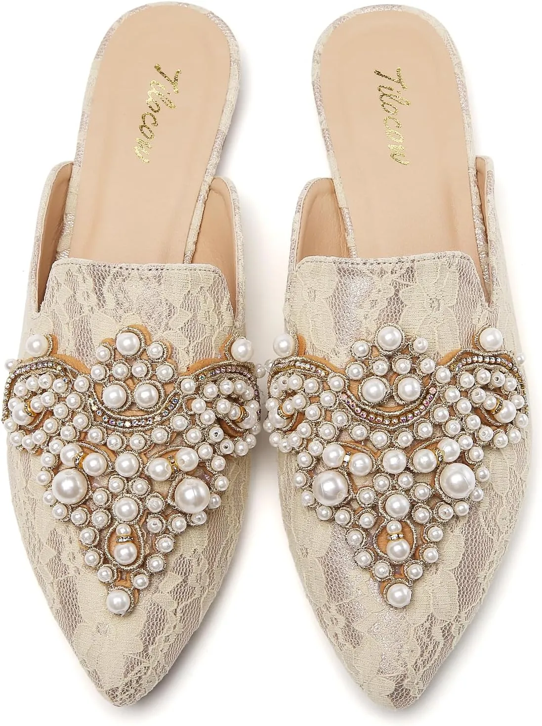 Tilocow Pearl Decor Mules for Women Flats Pointed Toe Backless Flat Slip On Slides Women's Mule Shoes