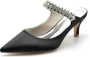 TNXZ 2.36'' Women Kitten Heeled Mules Rhinestone Strappy Pump Closed Toe Slip on Bridal Sandals Satin Evening Dress Shoes