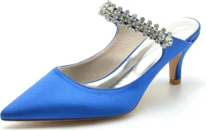 TNXZ 2.36'' Women Kitten Heeled Mules Rhinestone Strappy Pump Closed Toe Slip on Bridal Sandals Satin Evening Dress Shoes